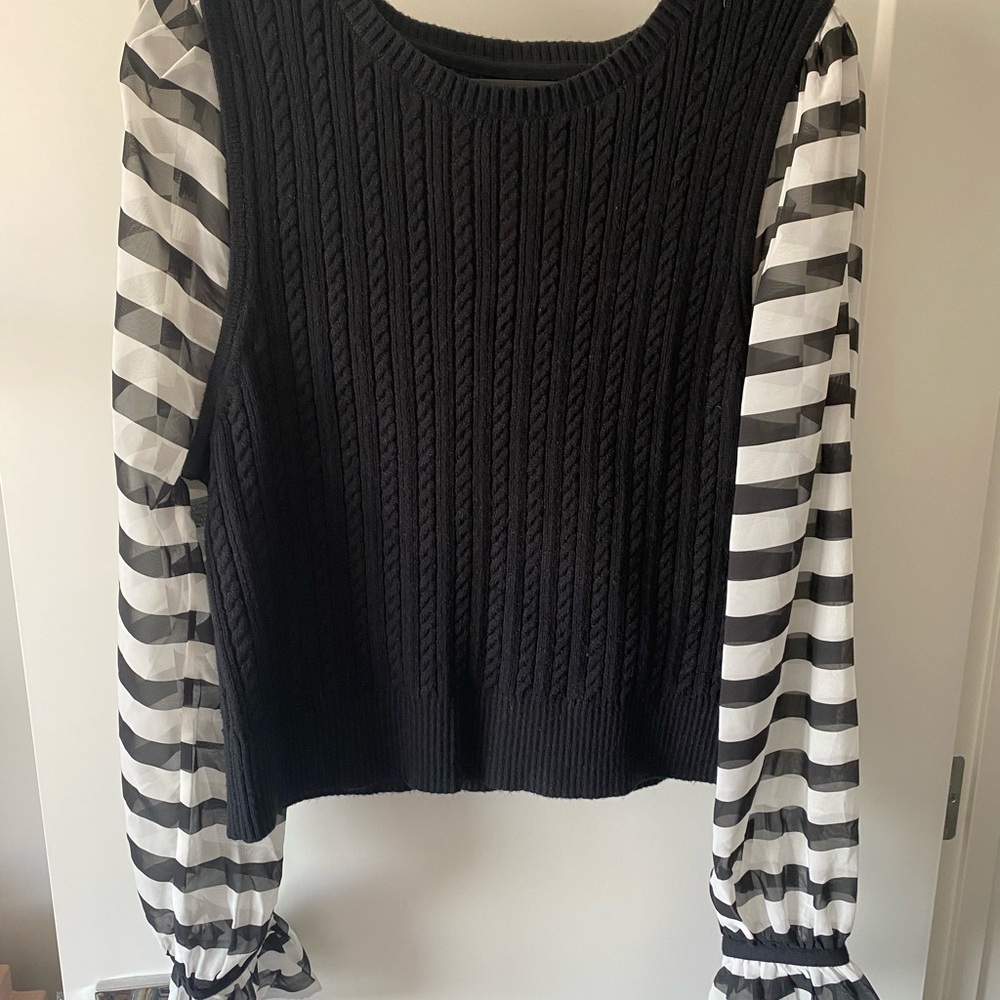 Maeve Black Sweater with Striped Sleeves